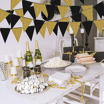 4Pcs Black Gold Glitter Triangle Flag, New Year 2026 Birthday Christmas Graduation Party Decor Banner, Black Gold Pennant Banner Paper Bunting Hanging Decor for New Year Holiday Party Supplies