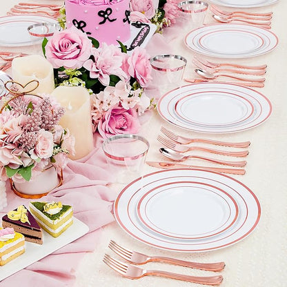 WELLIFE 150 PCS Rose Gold Disposable Dinnerware Set for 25 Guests, Valentine's Day Plate, 25 Dinner & Salad Plates, Cups, Forks Knives Spoons for Wedding Reception and Mothers Day Plates