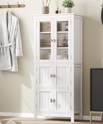 53.1" H Tall Bathroom Storage Cabinet, Bathroom Floor Cabinet with 6 Doors and Adjustable Shlef, Linen Cabinet, Pantry Cabinet for Living Room, Kitchen, Entryway, White
