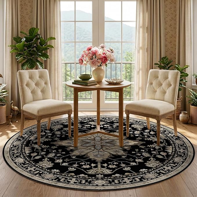 Area Rugs 5ft Washable Non-Slip, Floral Vintage Distress Print Pattern Medallion Carpet for Living Room Bedroom Dining Room, Black Brown Neutral Dark Tan