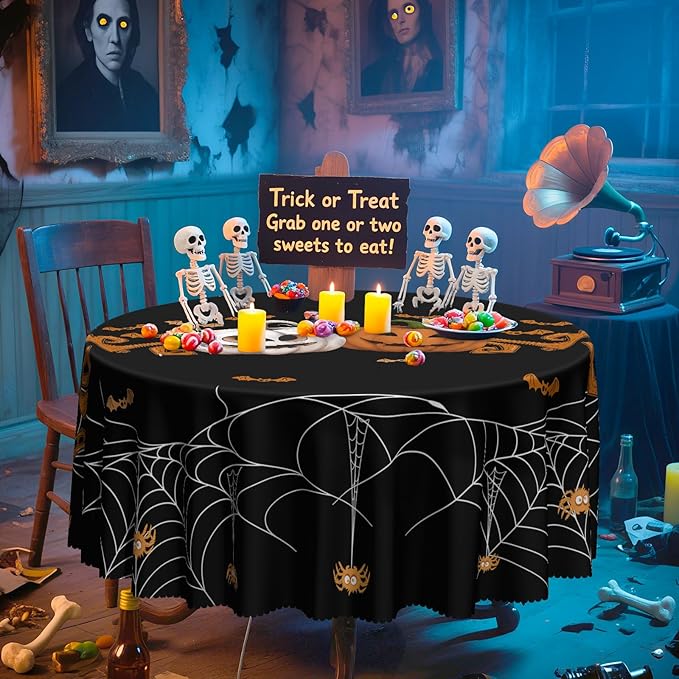 Eikione Round Halloween 60In Tablecloth, Spider Haunted House Decorative Table Cloth, Waterproof and Washable Fabric Table Cover for Party Kitchen Dining Room