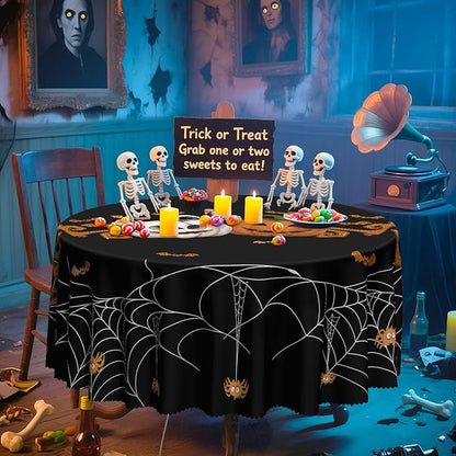 Eikione Round Halloween 70In Tablecloth, Spider Haunted House Decorative Table Cloth, Waterproof and Washable Fabric Table Cover for Party Kitchen Dining Room