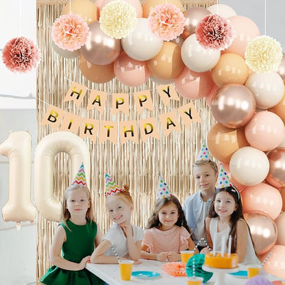 Beige 10th Birthday Decorations Girls Boys Cream Number 10 Balloon Nude Gold Happy Birthday Banner Fringe Curtain Paper Pom Poms Blush White Sand Champagne Star Foil Balloons Neutral Boho Party Decor