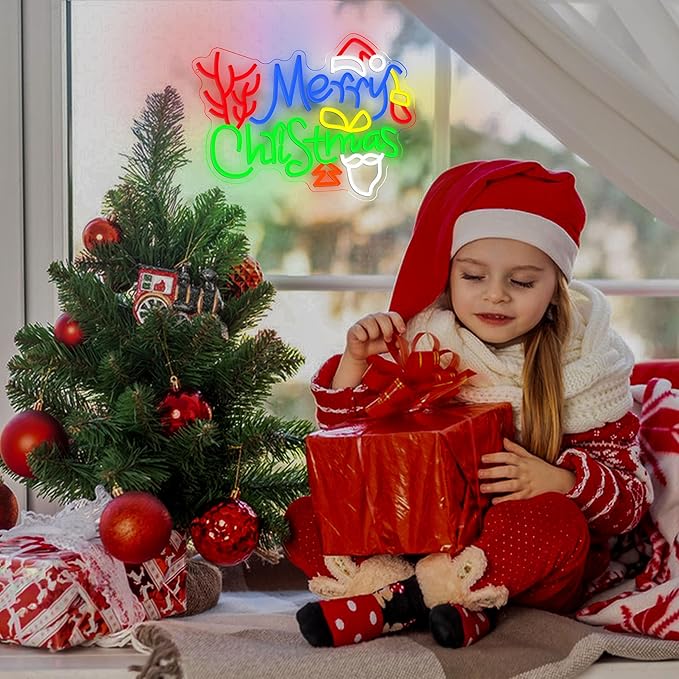 LISIGNVE Merry Christmas Neon Sign with Santa Hat Dimmable USB Powered Led Christmas Tree Stocking Light UP Sign for Home Bar Window New Year Party(16.5 * 12.4 In)