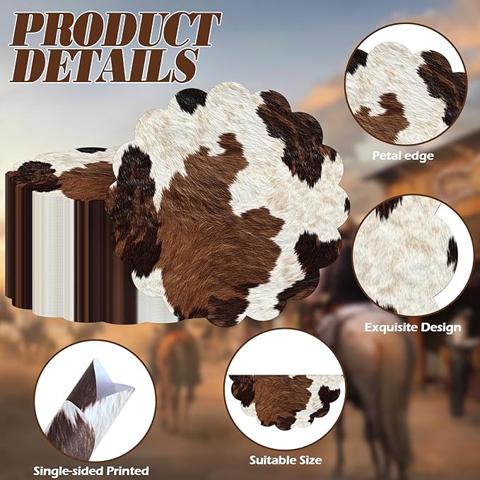 100 Pcs Cow Paper Placemats 13.5 Inches Scalloped Western Placemats Disposable Brown and White Cowhide Place Mats for Western Cowboy Party Wedding Baby Shower Rustic Party Table Decor