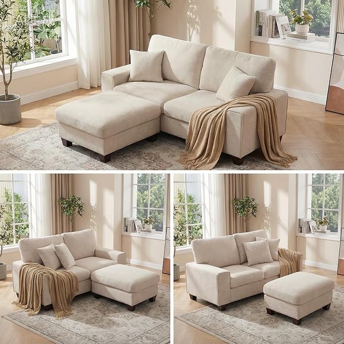 DOPEDIO L-Shaped Sectional Sofa with Storage Ottoman, Modern Chenille Recliner Loveseat, Removable Couch Covers, Pocket Spring Cushions, Solid Wood Frame, Easy to Install (71.25inch, Beige)