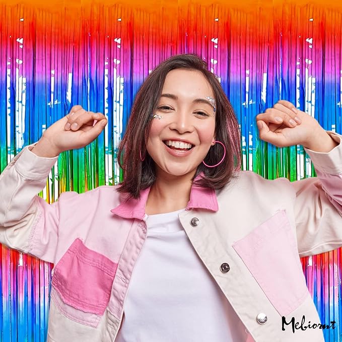 4 Pack Rainbow Fringe Curtain Backdrop, 3.2Ft x 8.2Ft Metallic Tinsel Foil Fringe Streamers Background for Photo Booth Birthday Wedding Baby Shower Party Thanksgiving Christmas Decorations New