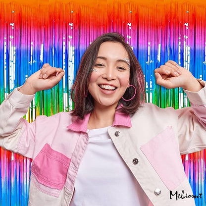 4 Pack Rainbow Fringe Curtain Backdrop, 3.2Ft x 8.2Ft Metallic Tinsel Foil Fringe Streamers Background for Photo Booth Birthday Wedding Baby Shower Party Thanksgiving Christmas Decorations New