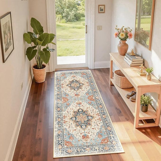 Area Rugs 2'x6' Runner Rug Non Slip Washable for Kitchen Hallway Bedroom Beside Laundry Room Bathroom Rug, Floor Carpet, Beige Navy Blue Orange Colorful