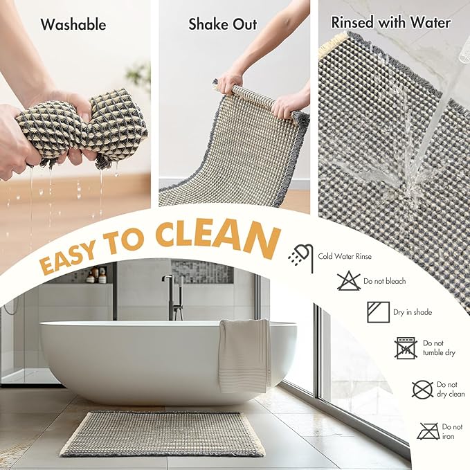 MIULEE Set of 2 Waffle Bathroom Rugs, Boho Bath Rugs Non Slip Washable, Super Absorbent Bath Mats, Ultra Soft Rubber Backed Shower Mats for Bathroom Floor, Tub, Dark Grey & Yellow, 20x32 Inch