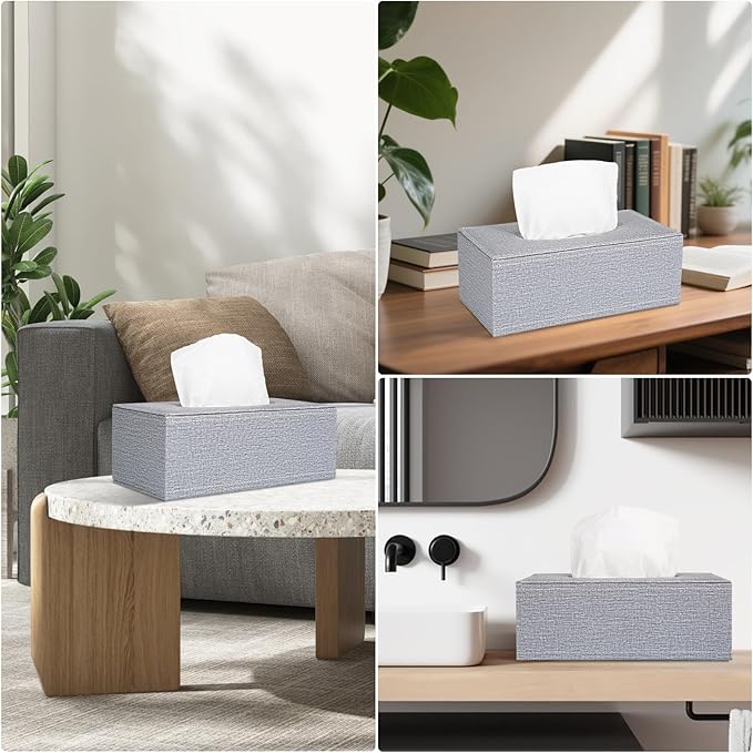 4 Pack Tissue Box Cover Rectangle, Linen Tissue Box with Magnetic Bottom, Napkin Facial Tissues Holder Dispenser, Decorative Tissue Holder for Bathroom Toilet Bedroom Living Room Office, Grey