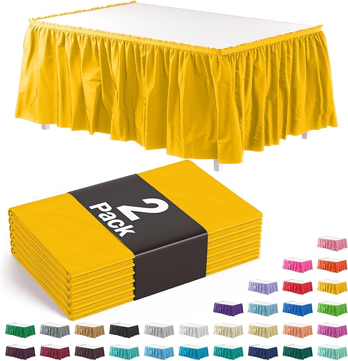 Exquisite Ruffle Table Skirt Yellow 14 Ft Long for Rectangle Tables 6ft Plus or Round Tables with Adhesive Strip for Gender Reveal Decor and Happy Birthday Parties, 2 Pack