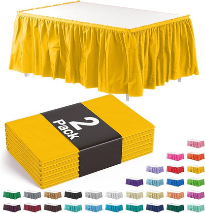 Exquisite Ruffle Table Skirt Yellow 14 Ft Long for Rectangle Tables 6ft Plus or Round Tables with Adhesive Strip for Gender Reveal Decor and Happy Birthday Parties, 2 Pack