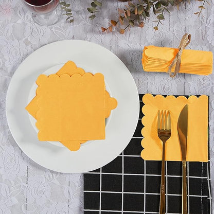 200 Pack Cocktail Napkin 2-Ply Scalloped Edged Dessert Napkins Folded 5 x 5 Inches Disposable Napkins for Dinner Wedding Birthday Party Bridal Anniversary Reception Event (Yellow)