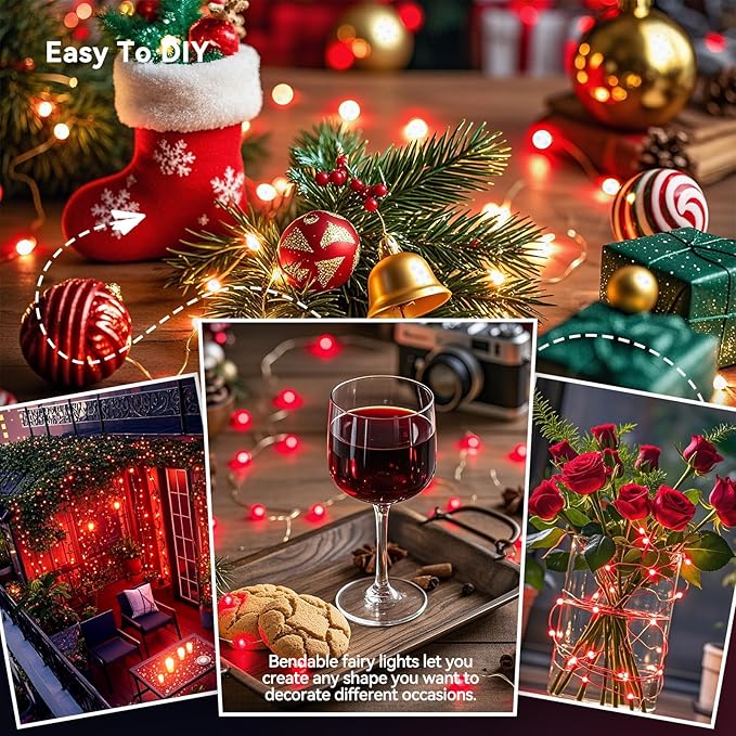 4 Pack 240LED Christmas Fairy Lights Battery Operated - 20FT Twinkle Lights with 2 Lighting Modes Indoor Outdoor, Waterproof Led Fairy String Lights for Bedroom, Wedding, Dorm, DIY Decor, Red