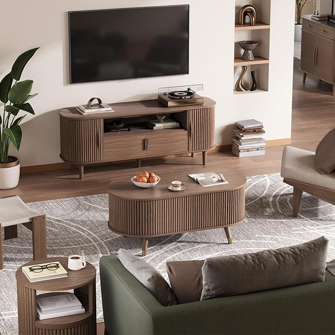 42.5" Oval Lift Top Coffee Table with Storage, Mid Century Modern Walnut Center Table with Fluted Design, Pop Up Coffee Table for Living Room,Solid Wood Legs & Hidden Compartment,