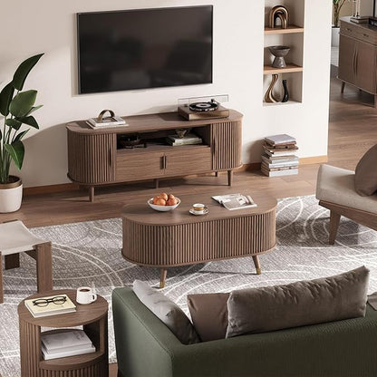 42.5" Oval Lift Top Coffee Table with Storage, Mid Century Modern Walnut Center Table with Fluted Design, Pop Up Coffee Table for Living Room,Solid Wood Legs & Hidden Compartment,