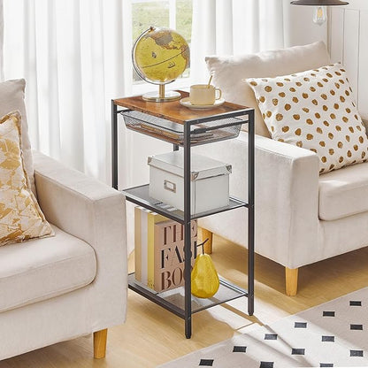 HOOBRO 28.7 Inch Tall Side Table, 3-Tier Industrial Telephone End Table with Adjustable Metal Mesh Basket, Desk Side Table with Storage Shelves, for Living Room, Bedroom, Rustic Brown BF06DH01