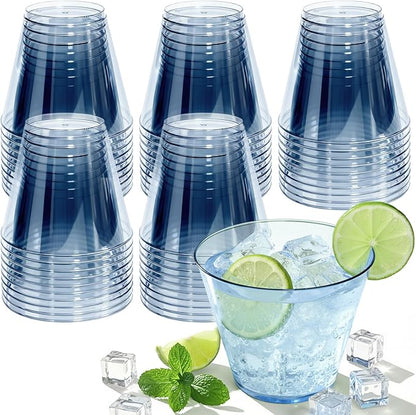 150 Pack Plastic Cups 9 oz Blue Clear Plastic Cups for Cocktail Fancy Disposable Cup for Party Stemless Wine Glasses for Wedding Thanksgiving Christmas Party Graduation