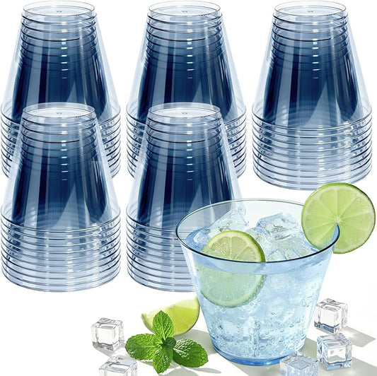 150 Pack Plastic Cups 9 oz Blue Clear Plastic Cups for Cocktail Fancy Disposable Cup for Party Stemless Wine Glasses for Wedding Thanksgiving Christmas Party Graduation