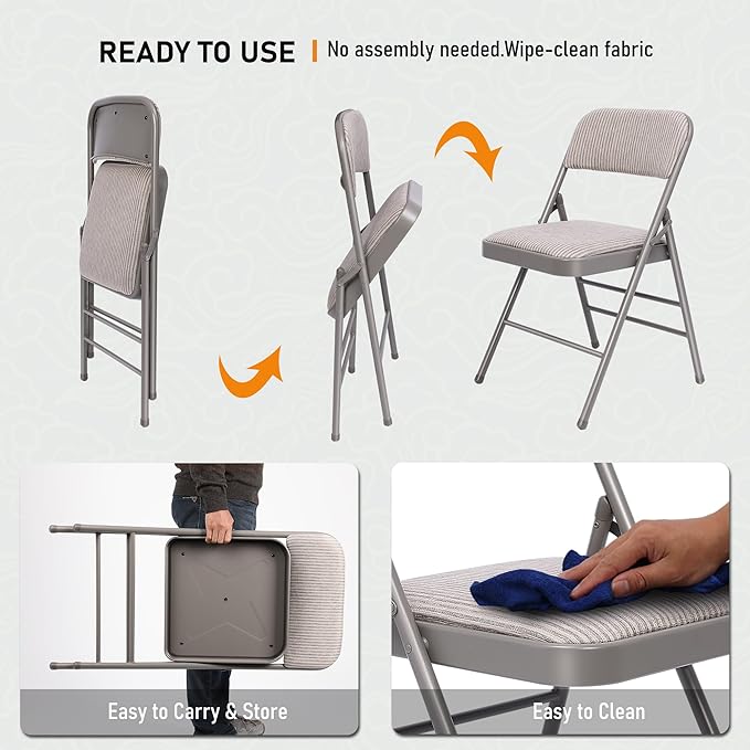 SEALAMB 6 Pack Fabric Folding Chairs with Padded Seats & Cushion, Metal Foldable Chairs for Wedding Party, Commercial Chairs for Office School Church Events, 350lb Capacity (Gray-Fabric, 6 Pack)