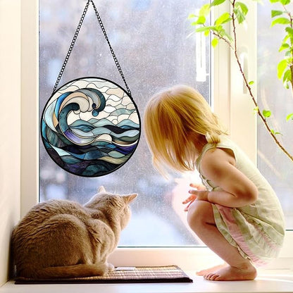 Stained Glass Window Hanging, Ocean Waves Sun Catchers Diamond Glass Panel Hangings Abstract Suncatcher Decor for Birthday for Women, Men, Wife, Aunt, and Mom 11.8x11.8 in