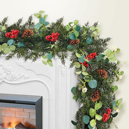 Christmas Garland,Artificial Pine Cypress Garland with Berry and Pinecone,Christmas Greenery Garland for Mantle,Table,Stair Handrail,Indoor,Outdoor Christmas Decorations(5.9FT