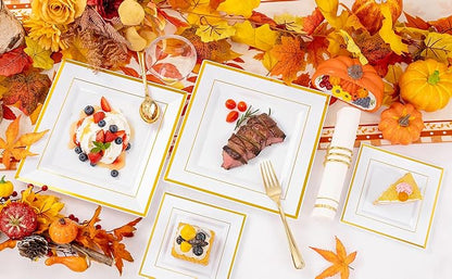 Festiva 350Pcs Gold Plastic Plates - Disposable Square Gold Plates Dinnerware set include 9.5"/6" Plates,Cups,Plastic Cutlery,Hand Napkins Perfect for 50 guests Party&Wedding&Thanksgiving&Christmas