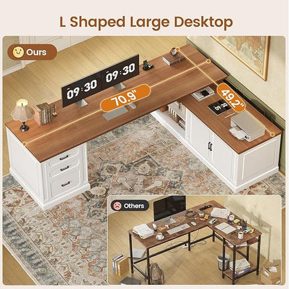 SEDETA Farmhouse L Shaped Desk with Drawers, 70.9" Home Office Desk with Storage Cabinet and Storage Shelves, L Shaped Computer Desk with Power Outlet，White