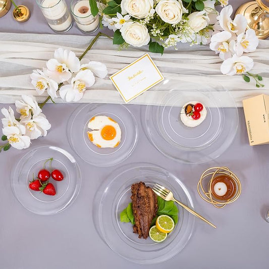 I00000 200 PCS Clear Plastic Plates for 100 Guests Include: 10.25 inch 100 Pieces Dinner Plate and 7.5 inch 100 Pieces Dessert Plate, Clear Plates for Party Perfect for Party & Wedding