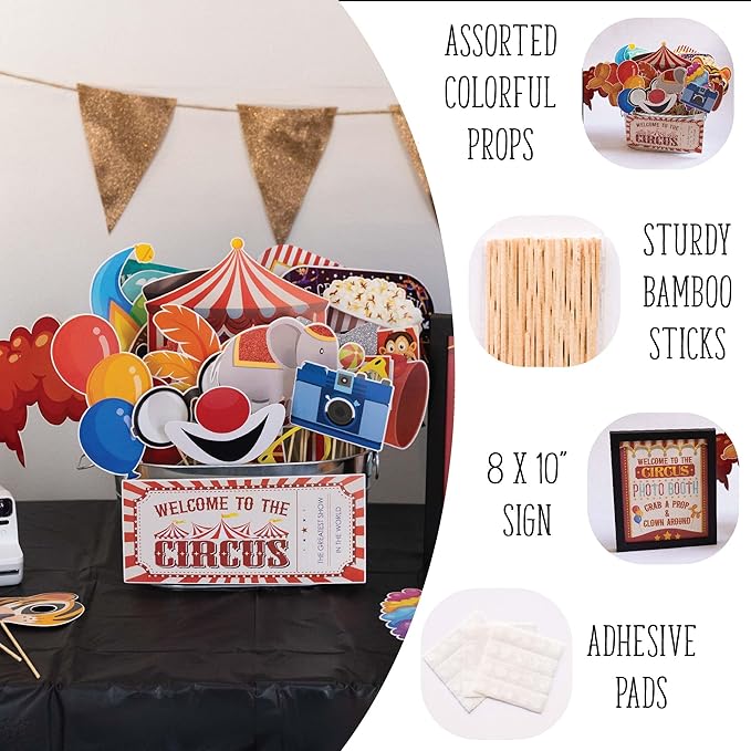 Carnival Photo Booth Props - 41-pc Photobooth Kit with 8 x 10-Inch Sign, 60 Adhesive Pads, 45 Sticks - Circus Theme Party Decorations - Carnival Backdrop