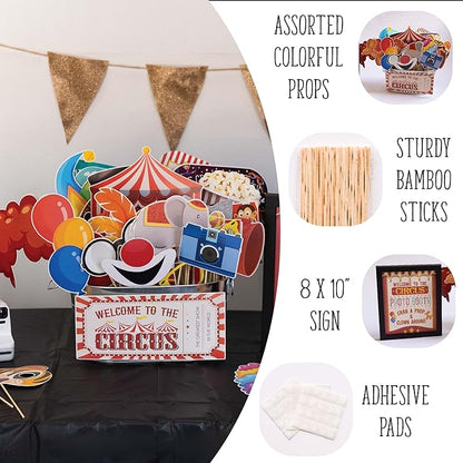 Carnival Photo Booth Props - 41-pc Photobooth Kit with 8 x 10-Inch Sign, 60 Adhesive Pads, 45 Sticks - Circus Theme Party Decorations - Carnival Backdrop