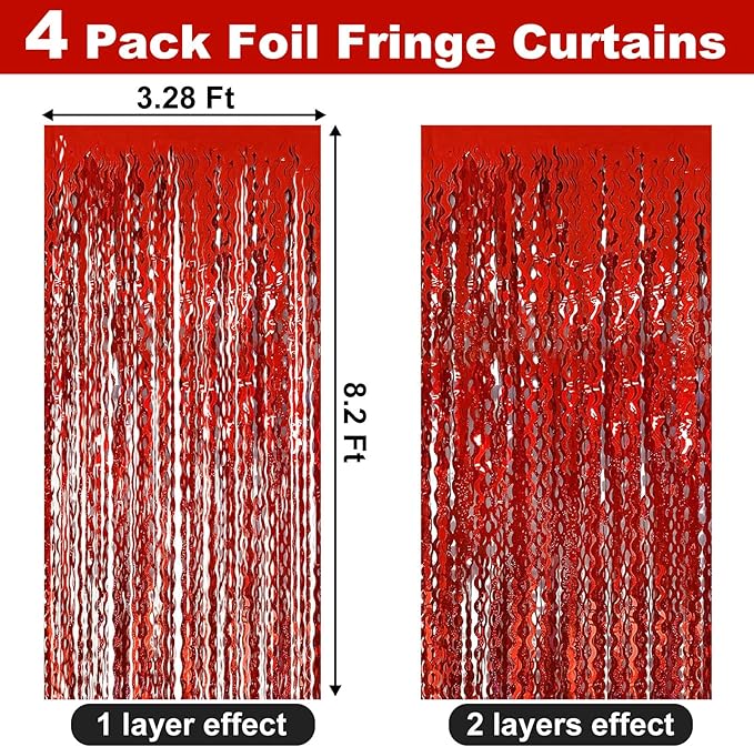 4 Pack Red Fringe Curtain Backdrop 3.2Ft x 8.2Ft Metallic Tinsel Foil Fringe Streamers Background for Photo Booth, Easter, Mother's Day, Bachelorette, Wedding, Birthday Party Decoration