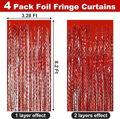 4 Pack Red Fringe Curtain Backdrop 3.2Ft x 8.2Ft Metallic Tinsel Foil Fringe Streamers Background for Photo Booth, Easter, Mother's Day, Bachelorette, Wedding, Birthday Party Decoration