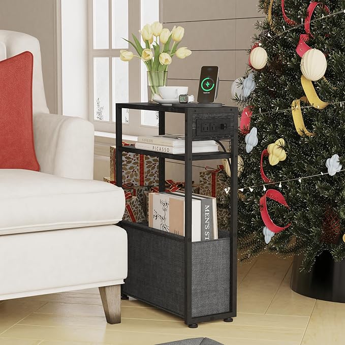 Narrow Side Table with Charging Station, Slim End Tables with Linen Basket, Skinny Table for Small Spaces, Thin Bedside Table for Living Room, Bedroom