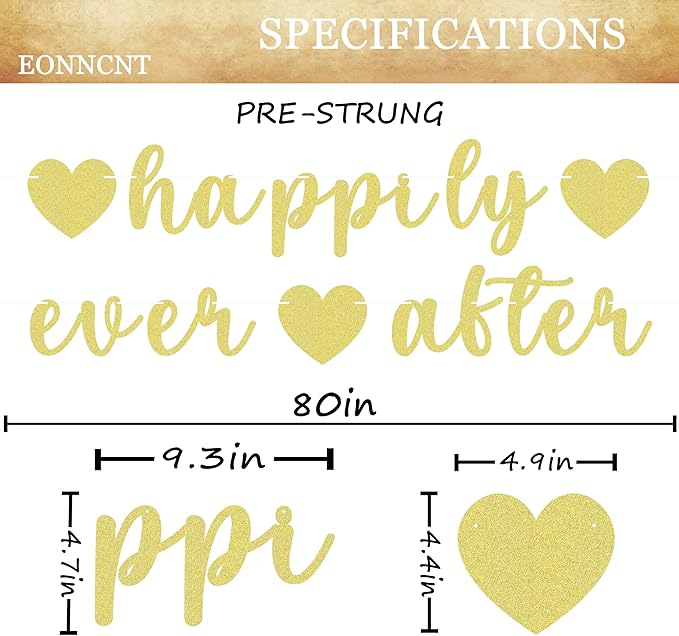 Pre-Strung Happily Ever After Banner - Gold Glitter Bachelorette Bridal Engagement Party Decoration Supplies, Bachelorette Wedding Party Banner for Engagement, Bridal Shower, Wedding Party Photo Booth Props