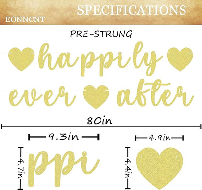 Pre-Strung Happily Ever After Banner - Gold Glitter Bachelorette Bridal Engagement Party Decoration Supplies, Bachelorette Wedding Party Banner for Engagement, Bridal Shower, Wedding Party Photo Booth Props