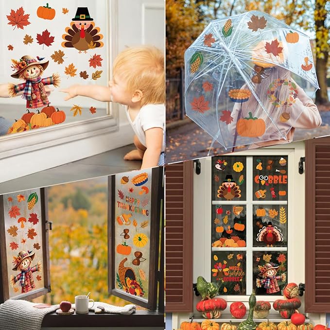 Thanksgiving Window Clings, Fall Decorations for Home, Turkey Pumpkin Stickers Decor, Cute Autumn Decals for Glass Windows, 9 Sheets