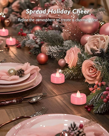 LED Candles, 24 Pack Tea Lights Candle Battery Operated, Flameless Tealight Votives, Realistic Tea Lights for Wedding Home Party Decor -D 1.5" x H 1.25" -Pink Light