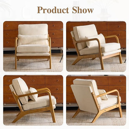 Karl home Mid Century Modern Accent Chair with Lumbar Pillow & Oak Arms – Plush Chenille Living Room Chair for Bedroom, Lounge (Creamy)