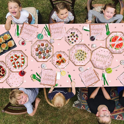 Rose Gold Birthday Party Supplies - Disposable Paper Plates, Napkins, Cups, Tablecloth & Banner for Girl/Women Celebration, Serves 25 - Decorate with Our Rose Gold Plates and Napkins Set