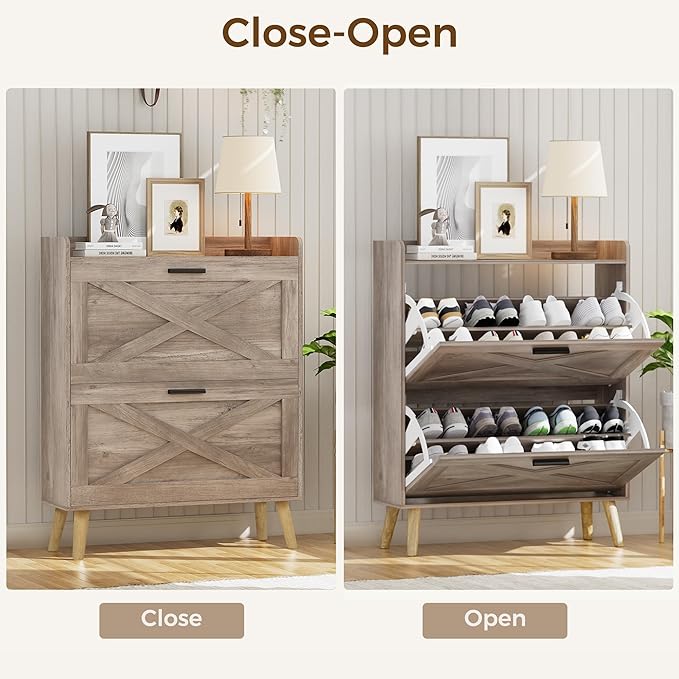 32" W Farmhouse Shoe Storage Cabinet with 2 Flip Drawers and Barn Door Design, Adjustable Shelves, Modern Hidden Slim Narrow Shoe Rack Cabinet for Entryway, Foyer, Hallway, Living Room, Greige