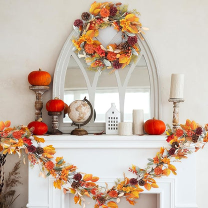 6 Feet Fall Garland for Mantle Autumn Garland with Lamb's Ear Leaves Pinecone Thanksgiving Harvest Decorations for Home Fireplace Farmhouse Porch Outdoor Indoor Table Centerpiece Wall Arch Backdrop