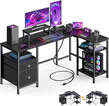 Furologee L Shaped Gaming Desk with Power Outlet, Corner Computer Desk for Home Office, Reversible 50 Inch Work Study Table with File Drawer, Monitor Stand, Storage Shelves, Black