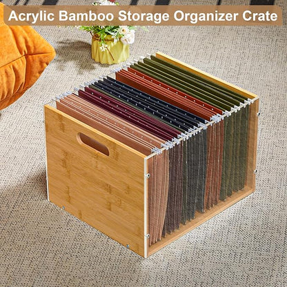 3 Pack Hanging File Organizer, Clear Acrylic File Box Organizer, Bamboo Filing Box File Crate Organizer Storage Boxes, Portable Filing Organizer with Handle for Letter Size