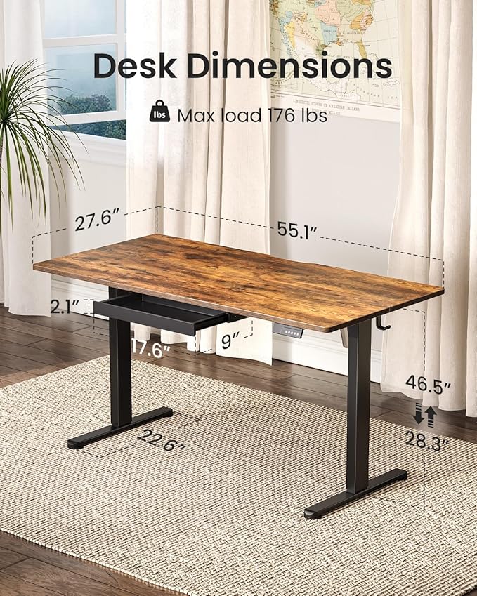 FEZIBO Electric Standing Desk with Drawers, 55 x 28 Inch Height Adjustable Desk with 3 Memory Presets, Sit Stand Up Desks for Home Office, Vintage Brown