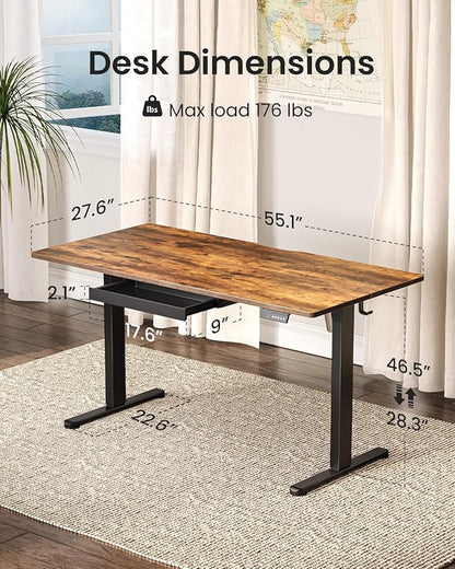 FEZIBO Electric Standing Desk with Drawers, 55 x 28 Inch Height Adjustable Desk with 3 Memory Presets, Sit Stand Up Desks for Home Office, Vintage Brown