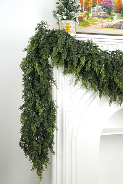 Artificial Cedar Garland, Realistic Green Pine Garland for Indoor & Outdoor Christmas Decorations, Lifelike Cedar Greenery for Mantle, Table, Staircase, and Wall (6FT(2 PCS))