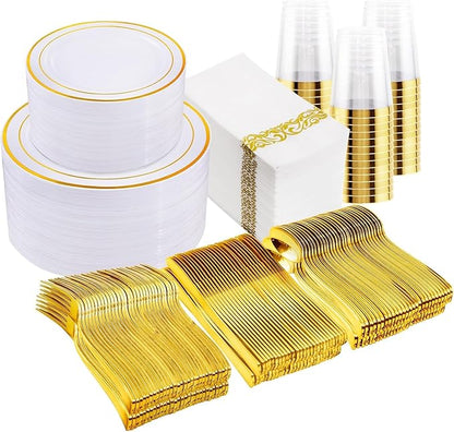 I00000 700Pcs Gold Dinnerware Set for 100 Guests, Plastic Plates for Party, Include: 100 Rim Dinner Plate, 100 Dessert Plate, 100 Paper Napkins, 100 Cups, 100 Gold Plastic Silverware Set