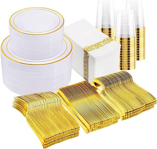 I00000 700Pcs Gold Dinnerware Set for 100 Guests, Plastic Plates for Party, Include: 100 Rim Dinner Plate, 100 Dessert Plate, 100 Paper Napkins, 100 Cups, 100 Gold Plastic Silverware Set